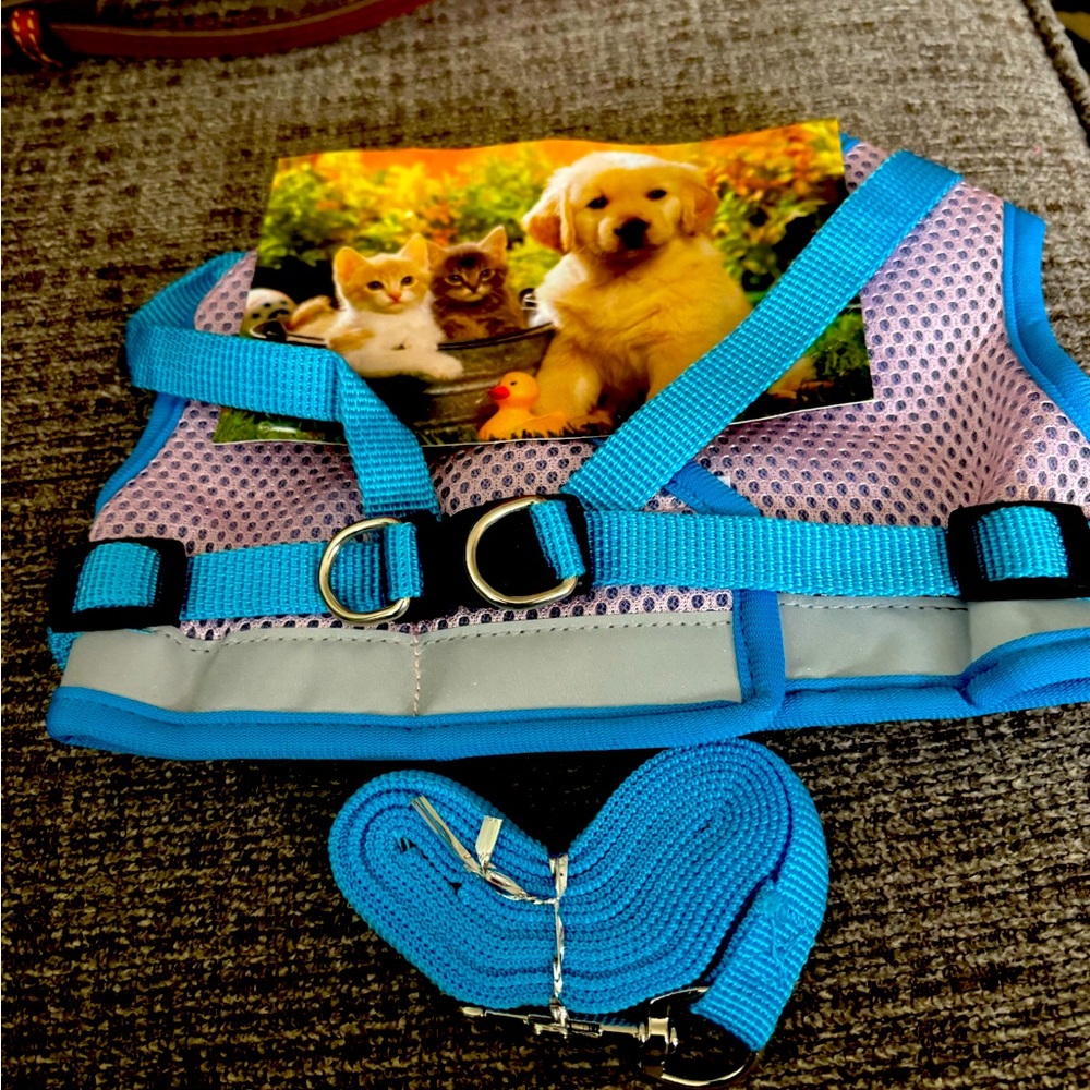 Dog harness and leash. Size L . Leash is 52” long. Vest is 20” around